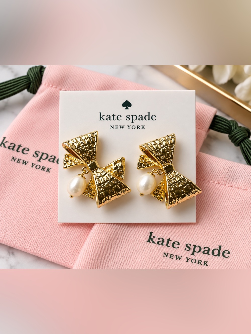 kate spade Gold Bow Earrings with Pearl Drops